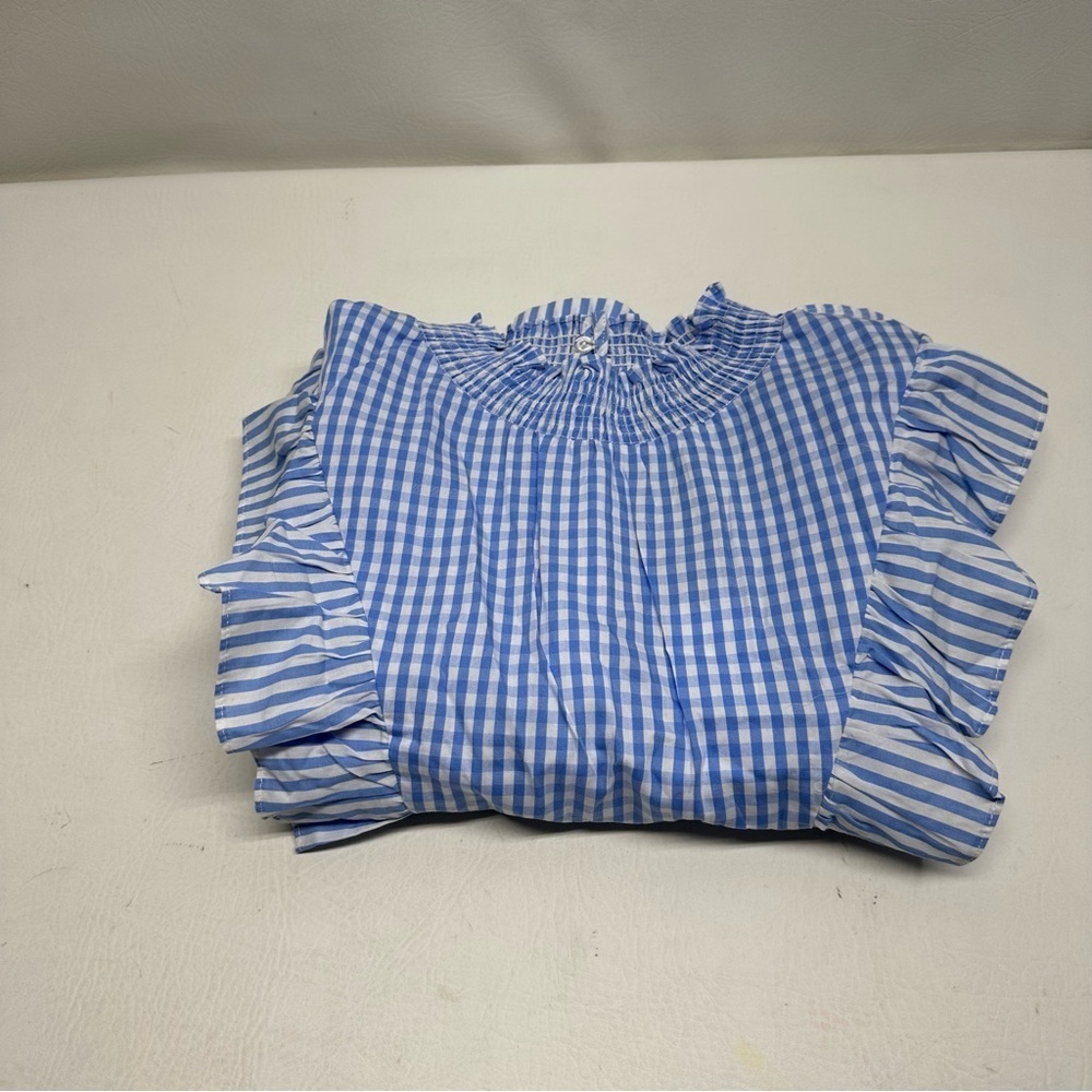 English Factory Blue Gingham Ruffle Blouse size M NWT - Picture 9 of 9